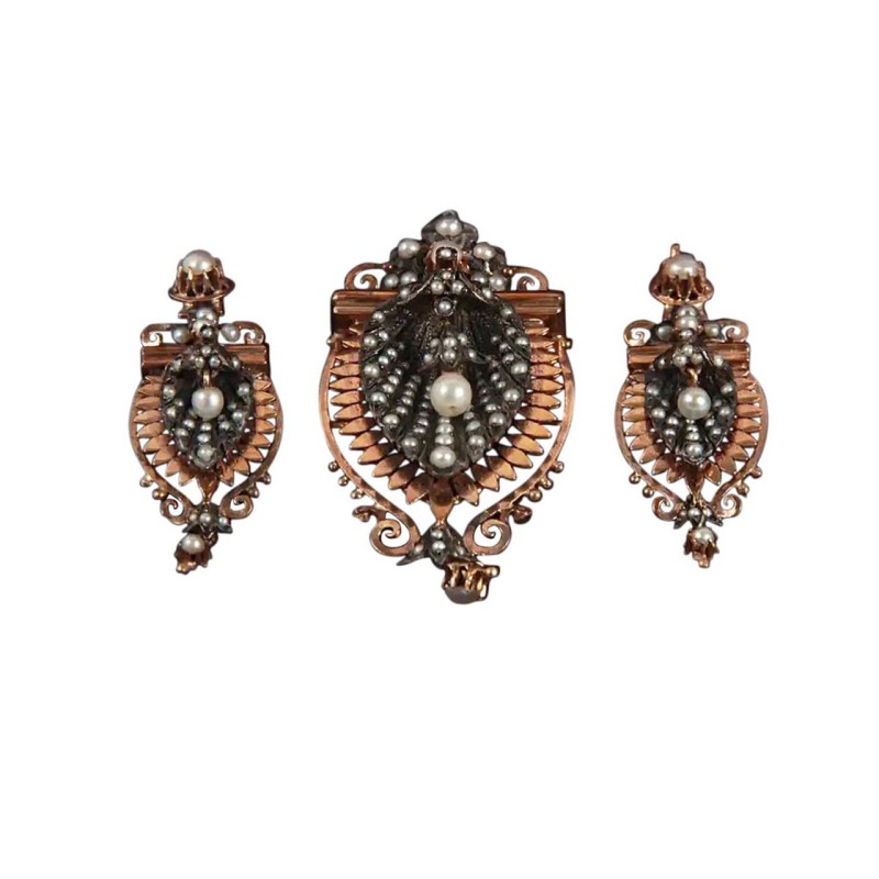 Victorian 18 Karat Rose Gold and Silver Earrings and Brooch
