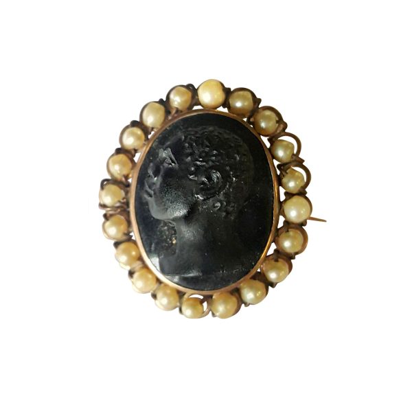 Victorian Gold with Natural Pearls Cameo Brooch