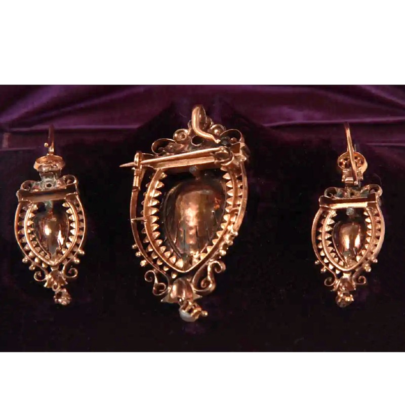 Victorian 18 Karat Rose Gold and Silver Earrings and Brooch - Image 2