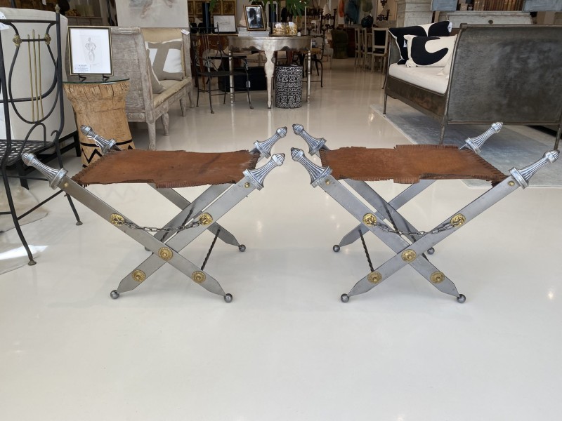 Pair of Metal & Leather Stools - Image 2