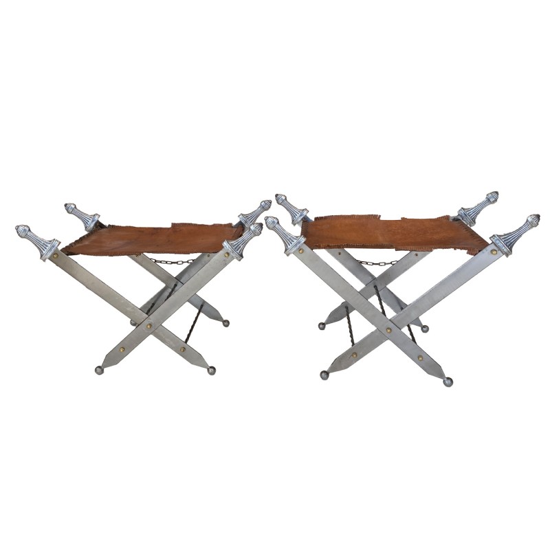 Pair of Metal & Leather Stools