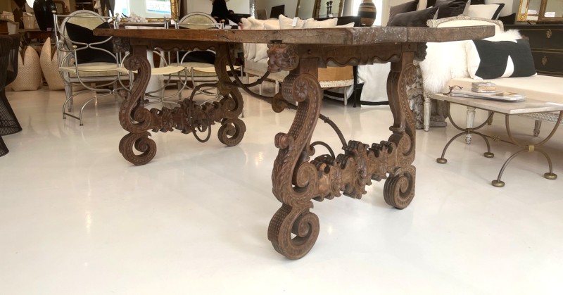 18c Heavily Carved Spanish Table with Iron Stretcher - Image 4
