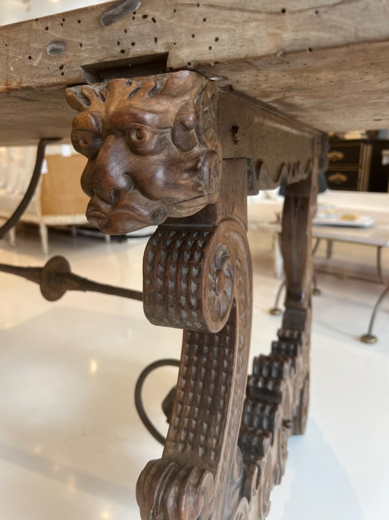 18c Heavily Carved Spanish Table with Iron Stretcher - Image 7