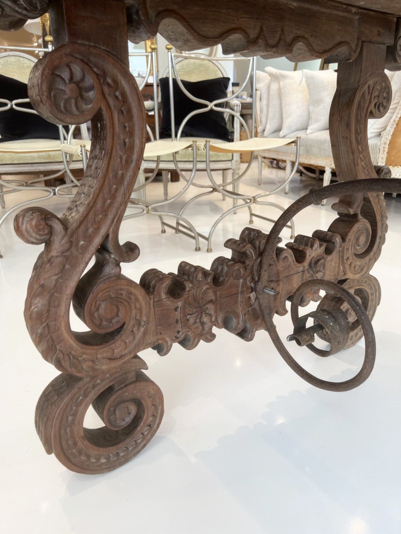 18c Heavily Carved Spanish Table with Iron Stretcher - Image 5