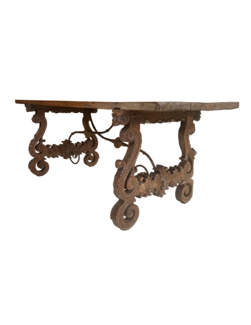 18c Heavily Carved Spanish Table with Iron Stretcher