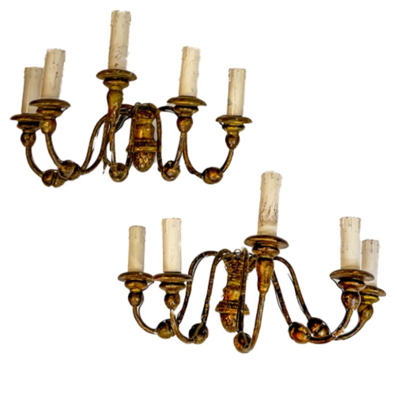 Pair of Sconces, 18th Century Italian 5 Light Giltwood Wall Sconces