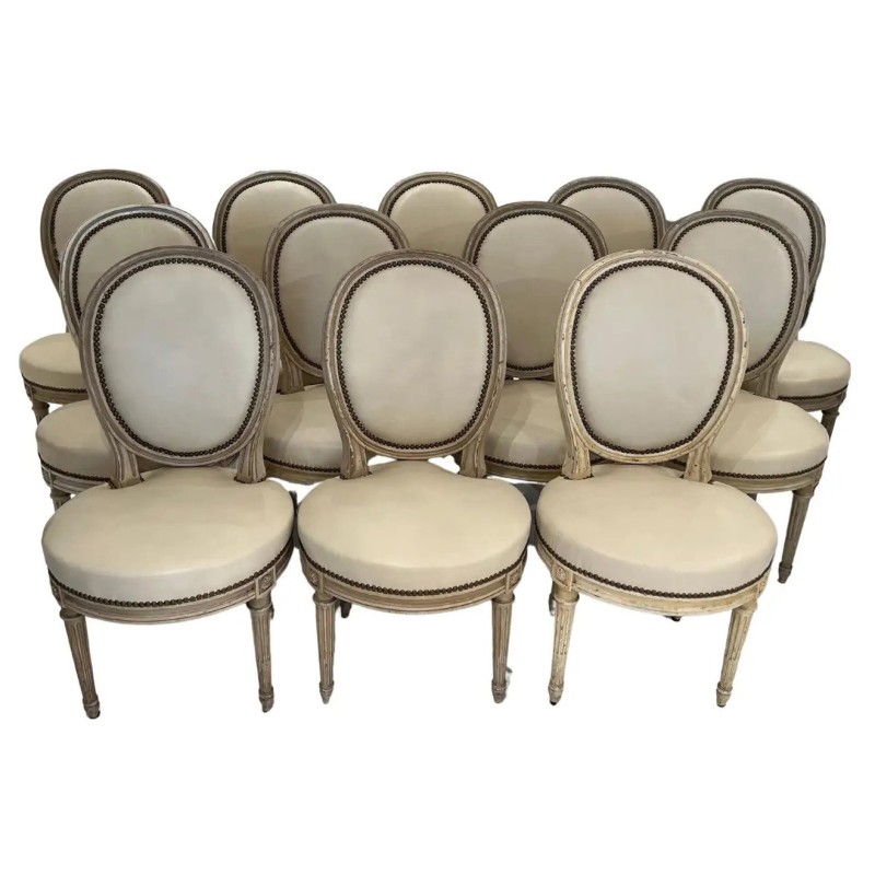 Set of 12 Oval Back Chairs with Leather