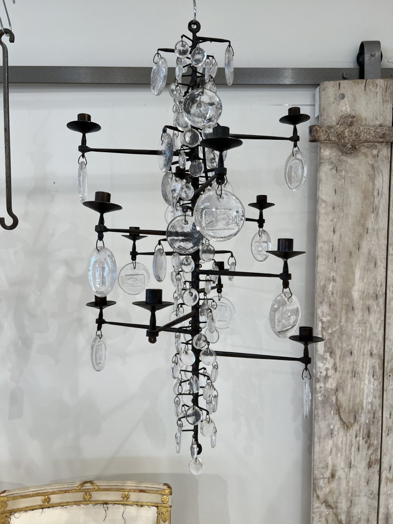 Mid-Century Swedish Erik Hoglund Iron & Glass 12 Light Chandelier - Image 2