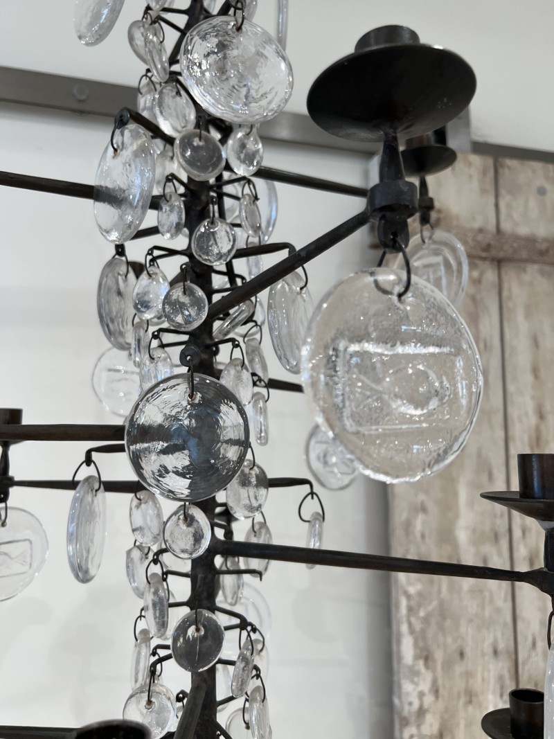 Mid-Century Swedish Erik Hoglund Iron & Glass 12 Light Chandelier - Image 3