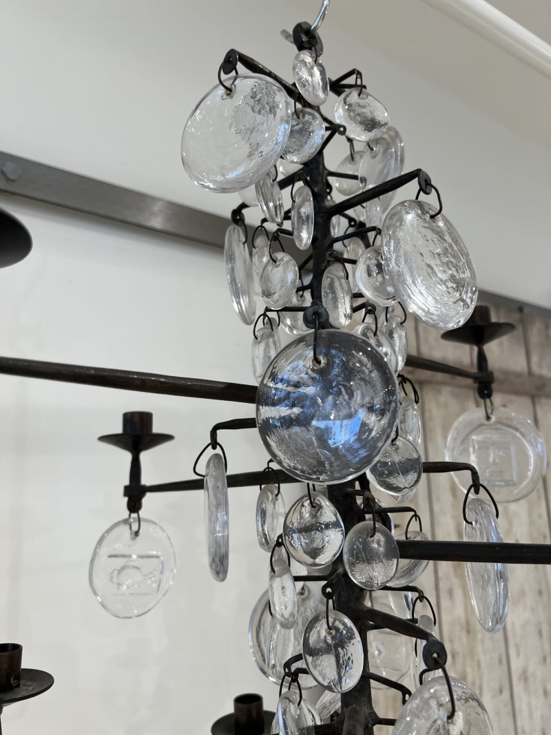Mid-Century Swedish Erik Hoglund Iron & Glass 12 Light Chandelier - Image 4