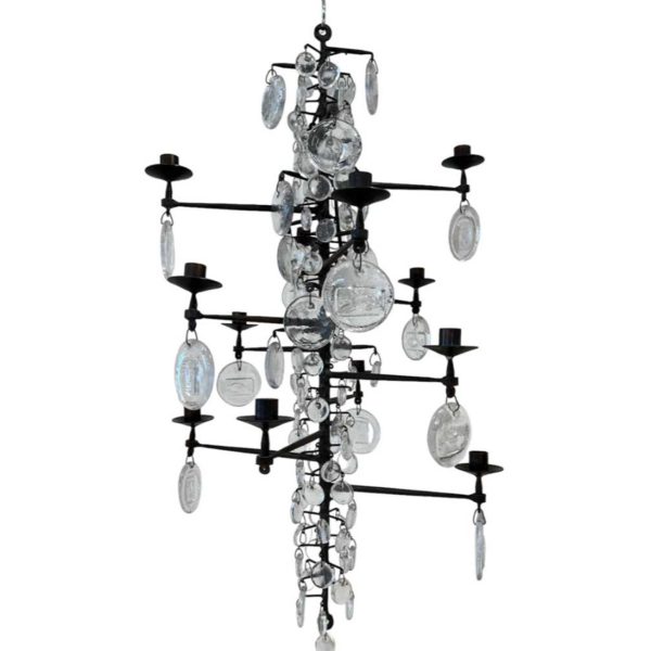 Mid-Century Swedish Erik Hoglund Iron & Glass 12 Light Chandelier