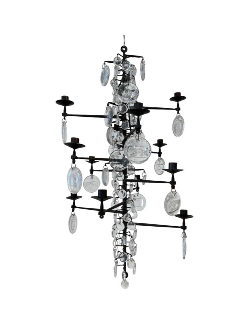 Mid-Century Swedish Erik Hoglund Iron & Glass 12 Light Chandelier
