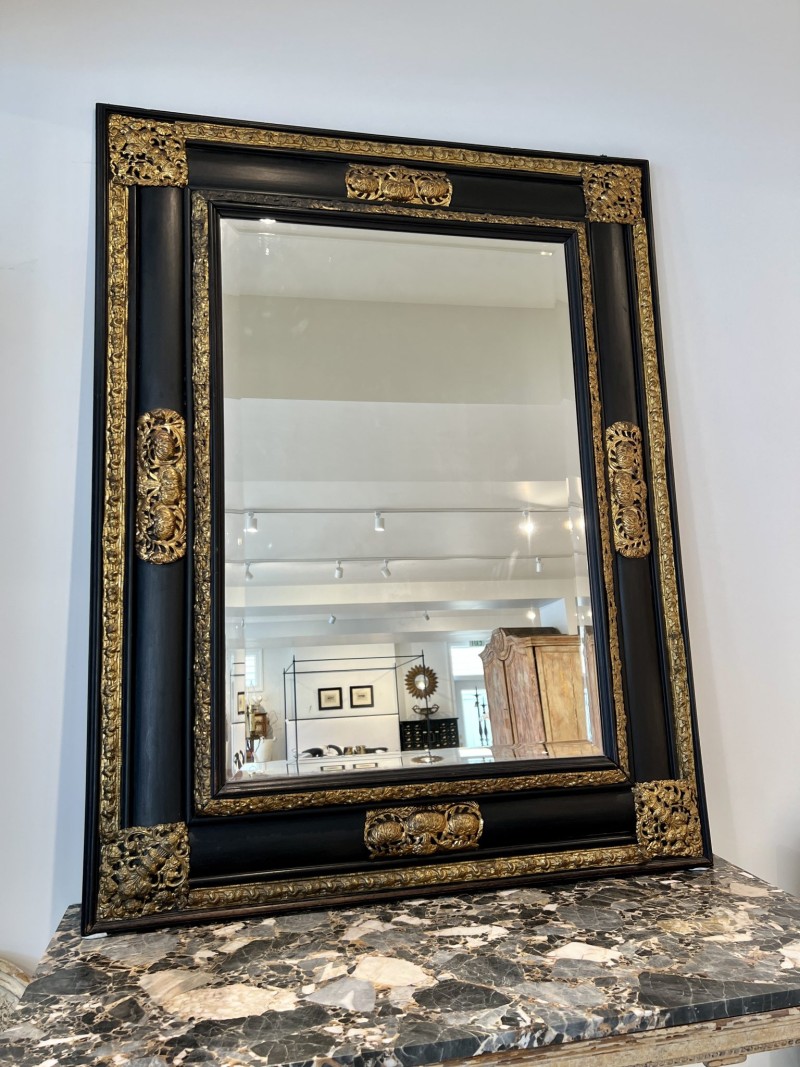 19c Spanish Napoleon III Black or Noir Mirror with Repousse Detail - Image 3