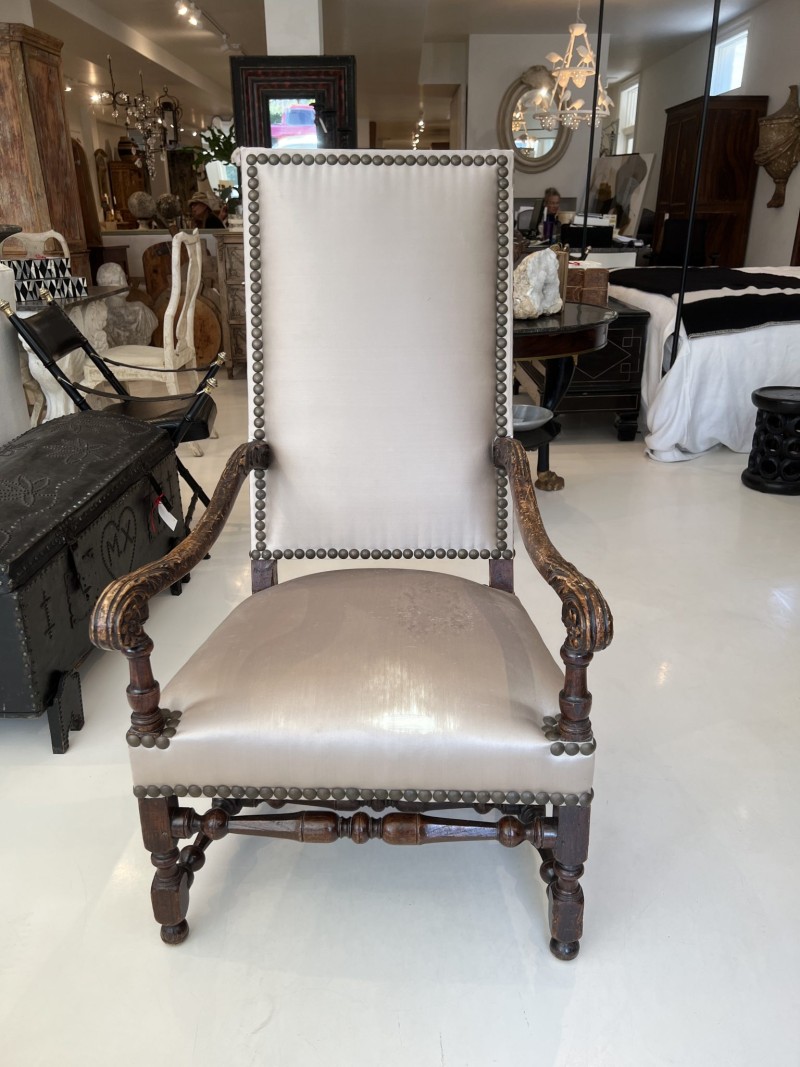 18th Century Louis XIII Style Arm Chair in Taupe Silk - Image 2