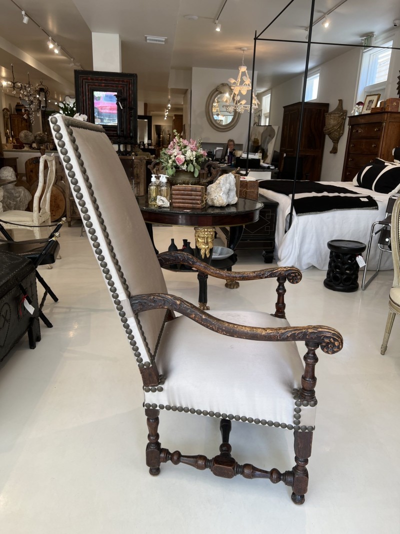 18th Century Louis XIII Style Arm Chair in Taupe Silk - Image 5