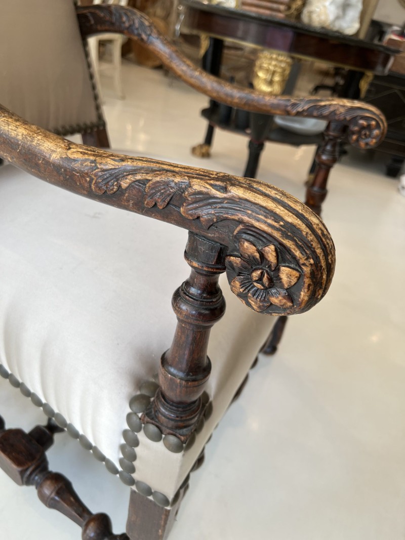 18th Century Louis XIII Style Arm Chair in Taupe Silk - Image 6