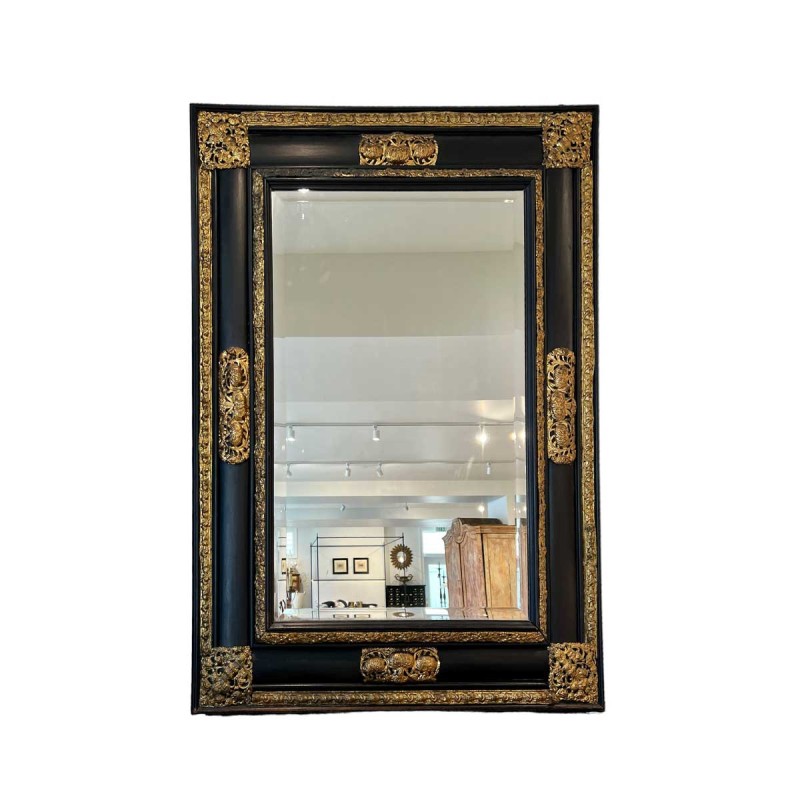 19c Spanish Napoleon III Black or Noir Mirror with Repousse Detail