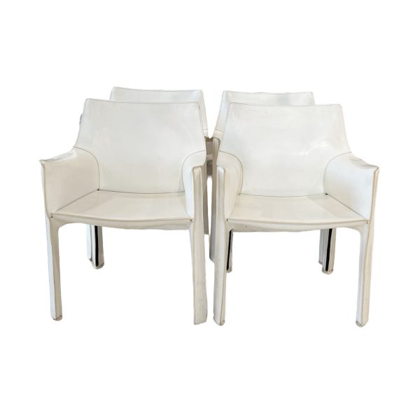 Set of Four White Leather Cab Armchairs by Cassina