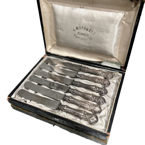 Antique Silver Dessert Knives in Leather Box