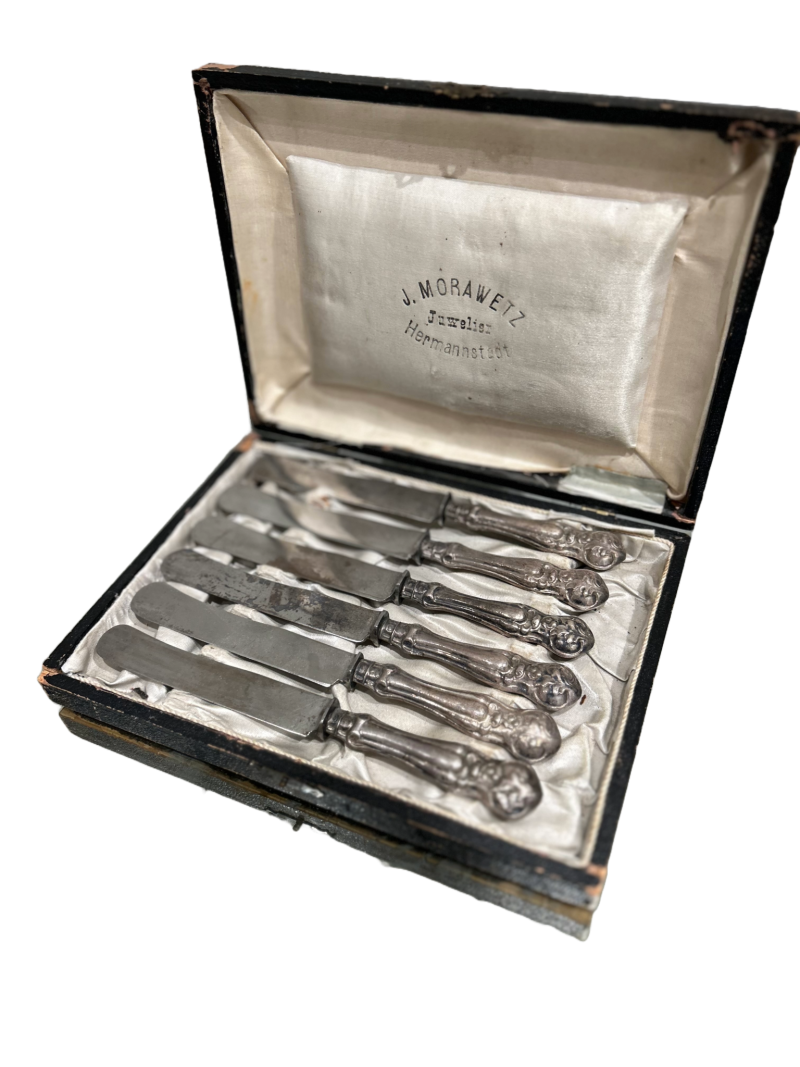 Antique Silver Dessert Knives in Leather Box