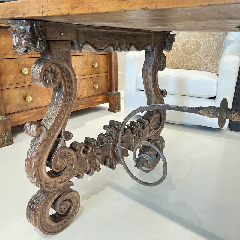 18c Heavily Carved Spanish Table with Iron Stretcher - Image 8