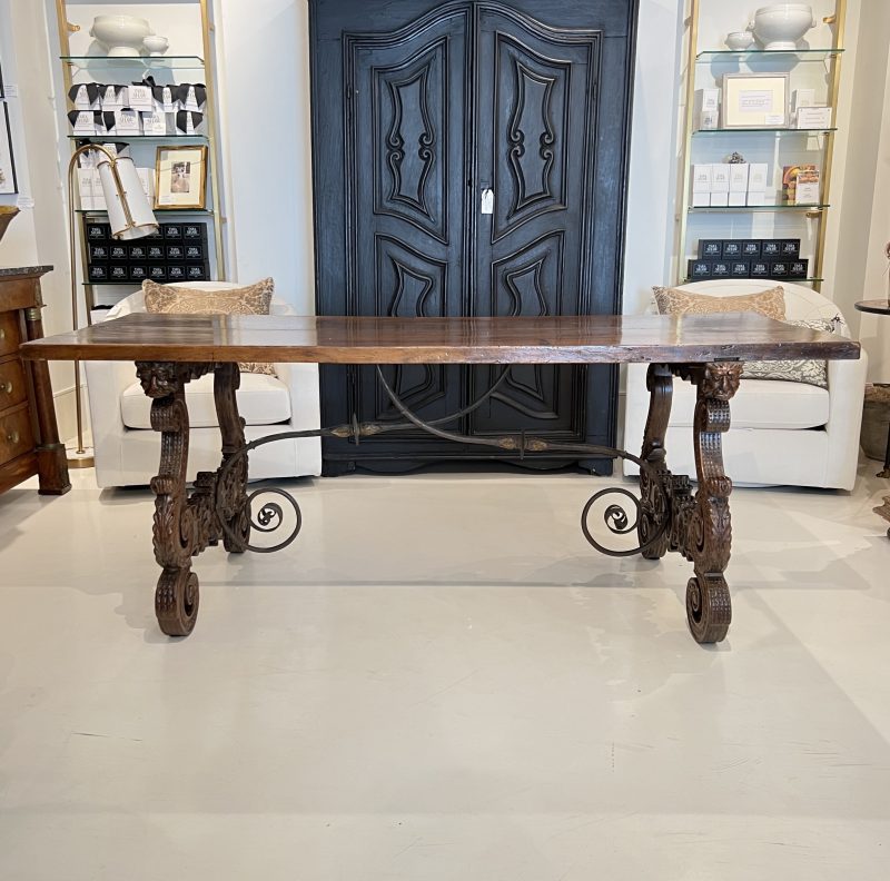 18c Heavily Carved Spanish Table with Iron Stretcher - Image 2
