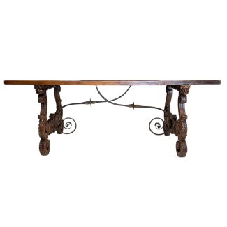 18c Heavily Carved Spanish Table with Iron Stretcher