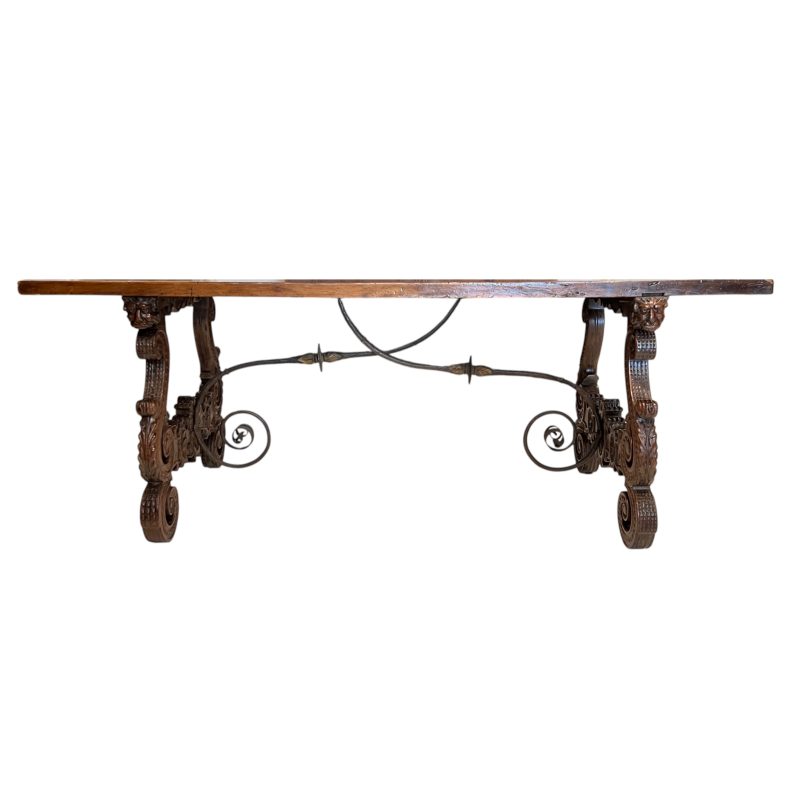 18c Heavily Carved Spanish Table with Iron Stretcher