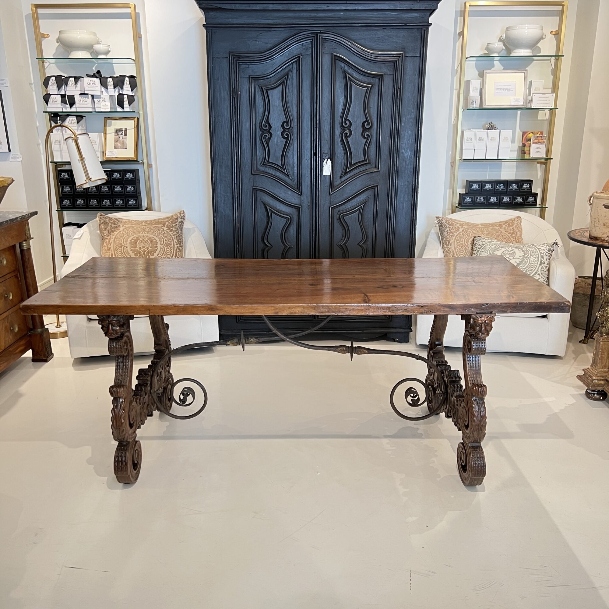 18c Heavily Carved Spanish Table with Iron Stretcher - Image 3