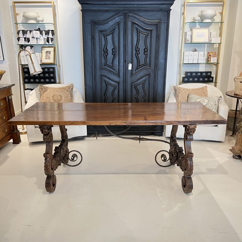 18c Heavily Carved Spanish Table with Iron Stretcher - Image 3
