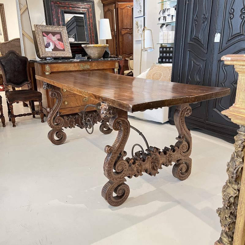 18c Heavily Carved Spanish Table with Iron Stretcher - Image 6