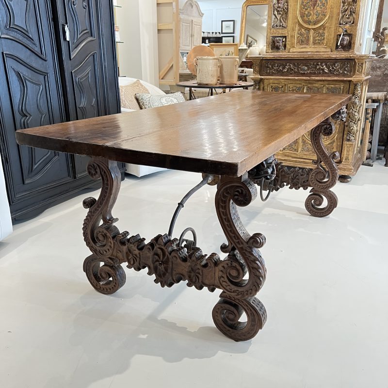 18c Heavily Carved Spanish Table with Iron Stretcher - Image 5