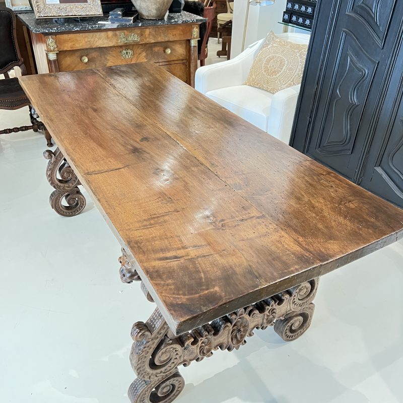 18c Heavily Carved Spanish Table with Iron Stretcher - Image 12