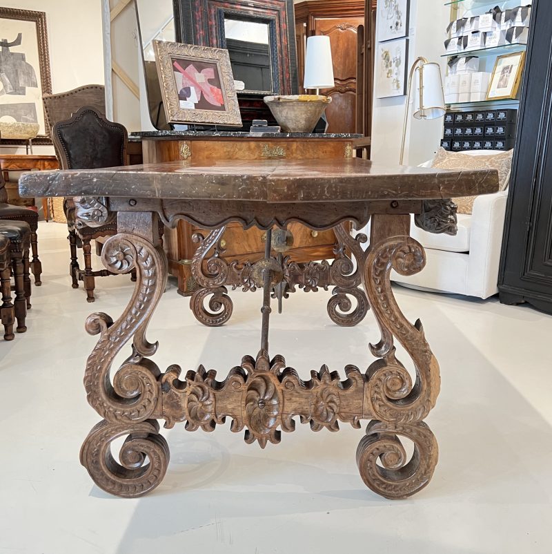 18c Heavily Carved Spanish Table with Iron Stretcher - Image 4