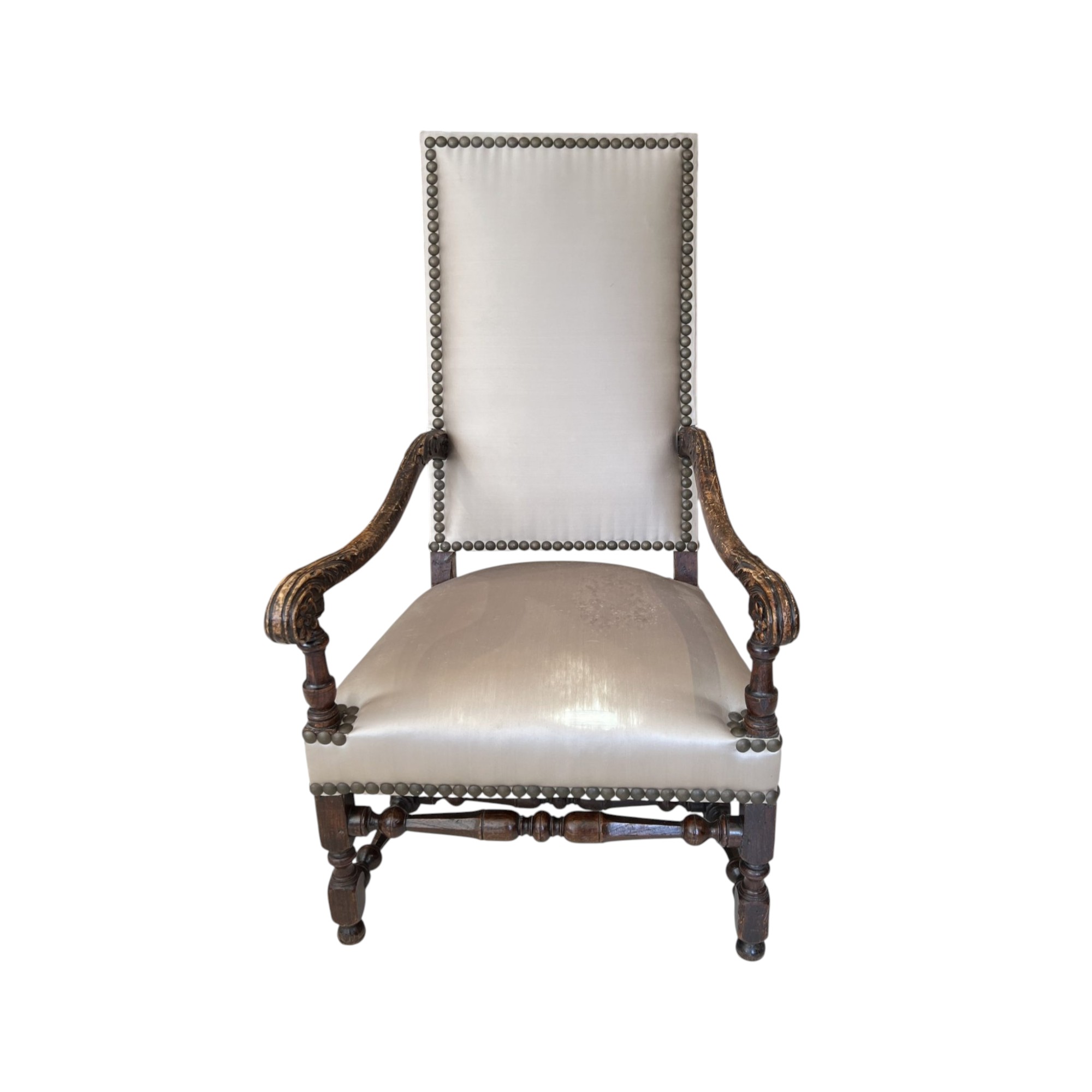 18th Century Louis XIII Style Arm Chair in Taupe Silk