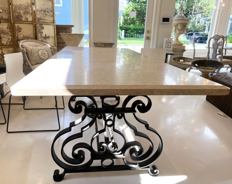 Large Mid-Century Forged Iron & Marble Dining Table - Image 2