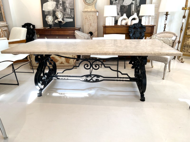 Large Mid-Century Forged Iron & Marble Dining Table - Image 7