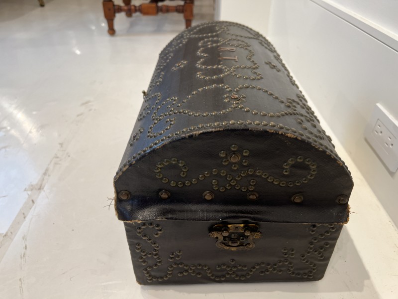 18th Century French Antique Leather Box with Nailheads & Monogram - Image 4