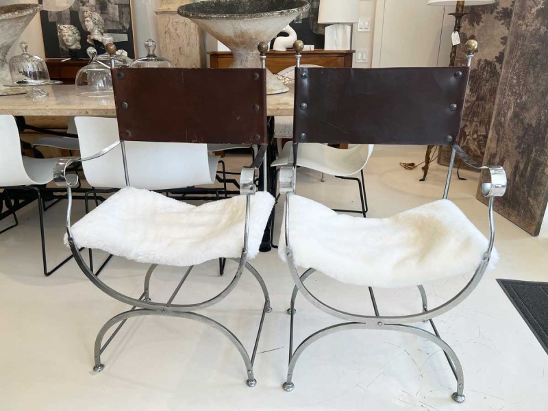 Pair of Savonarola Chairs with Fur Seat - Image 6