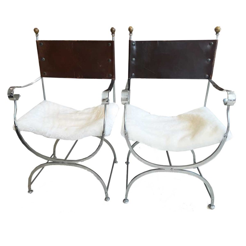 Pair of Savonarola Chairs with Fur Seat