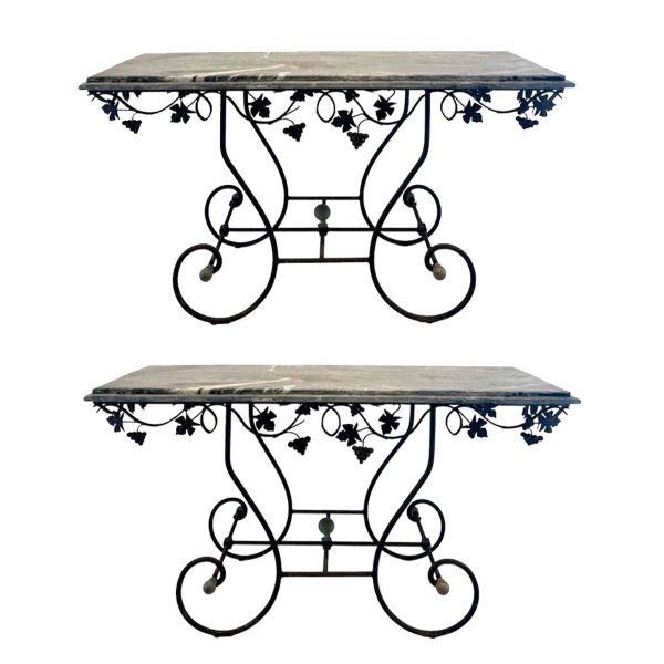 Pair of 19th Century French Marble Top Iron Consoles with Grape Detail