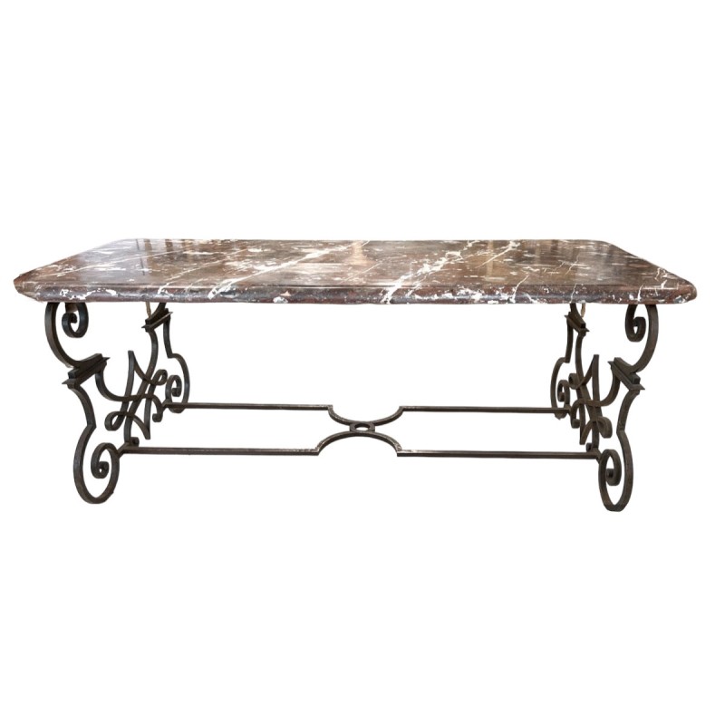 19th Century Hand Forged Iron Dining Table with Conforming Marble Top