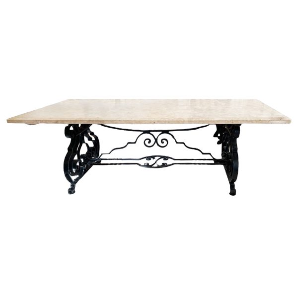 Large Mid-Century Forged Iron & Marble Dining Table