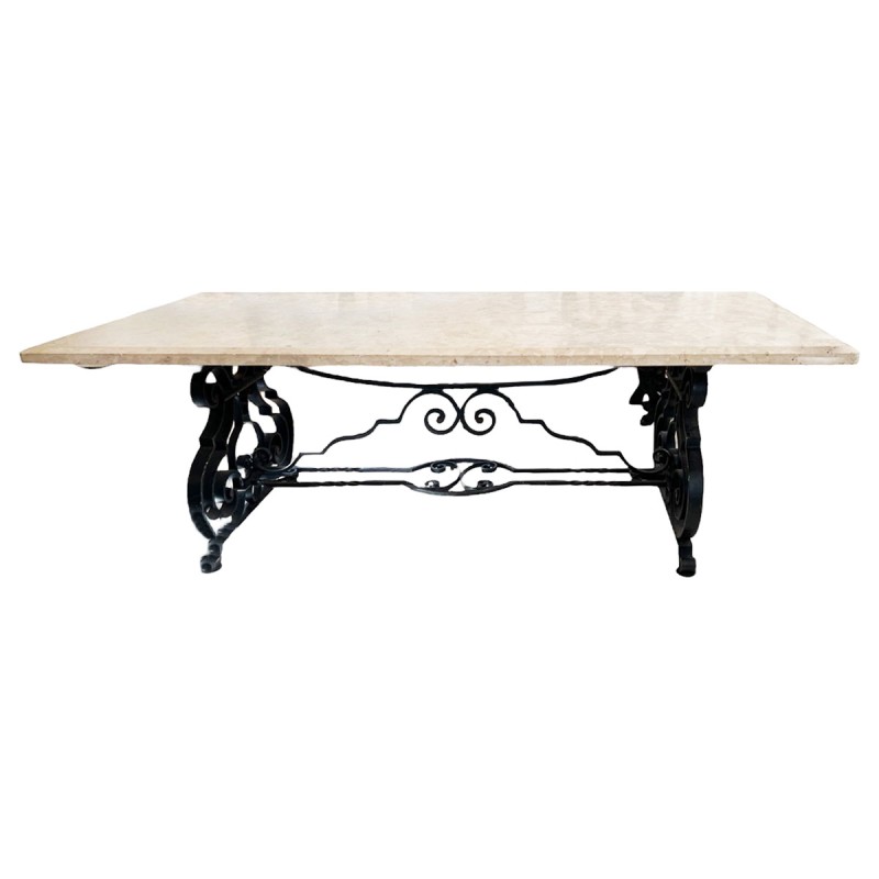 Large Mid-Century Forged Iron & Marble Dining Table