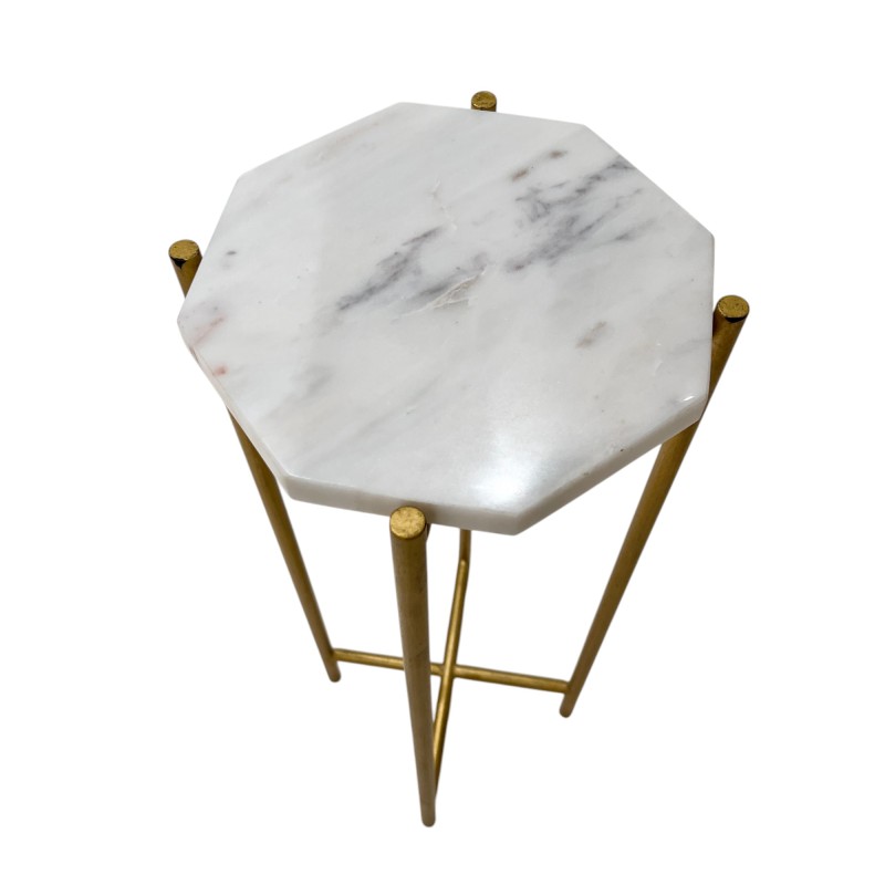 Octagonal White Marble & Brass Side Table - Image 2
