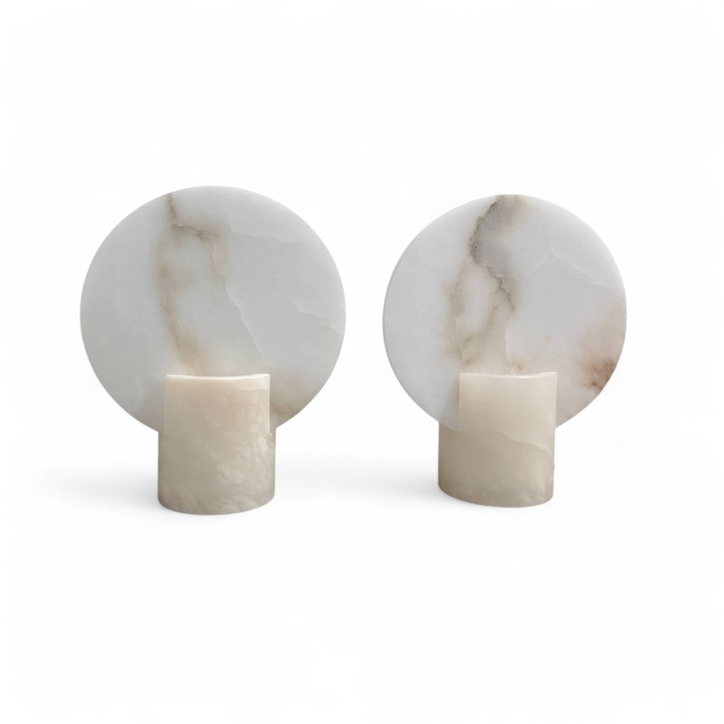 Pair Medium White Alabaster Disc Lamps