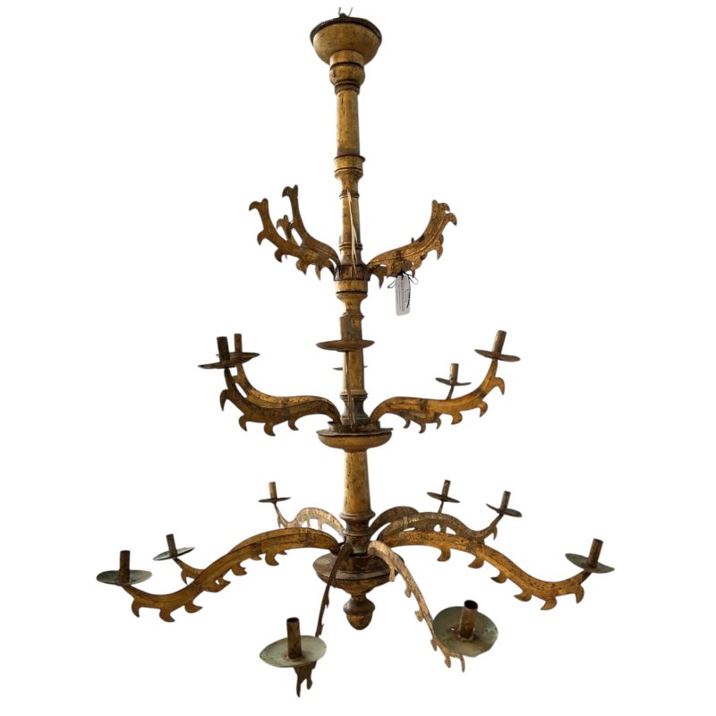 18th Century Spanish Gilded Iron & Wood Chandelier from Catalonia