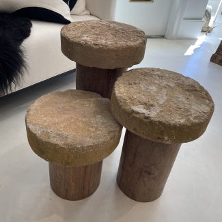 Set of 3 Acacia Wood and Bourgogne Stone Tables