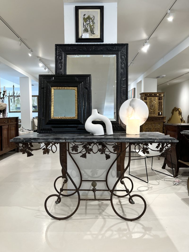 Pair of 19th Century French Marble Top Iron Consoles with Grape Detail - Image 16