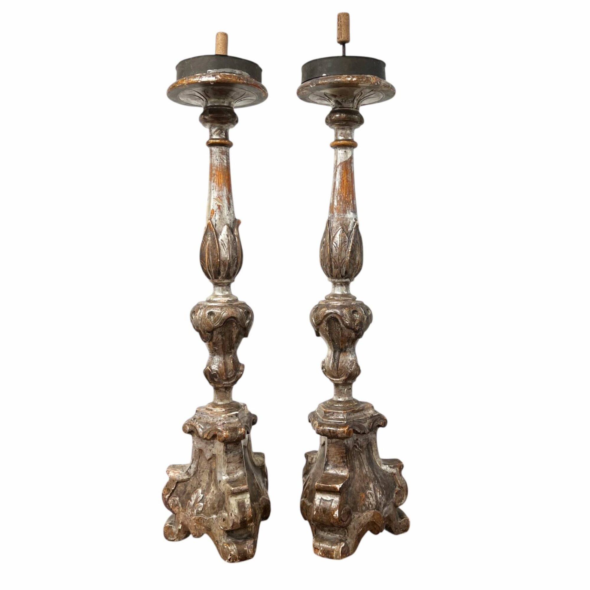 18th Century Italian Pair of Baroque Silverleaf Carved Wood Antique Candlesticks